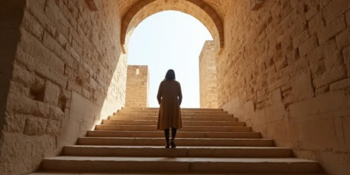 Person ascending stone steps toward archway of light