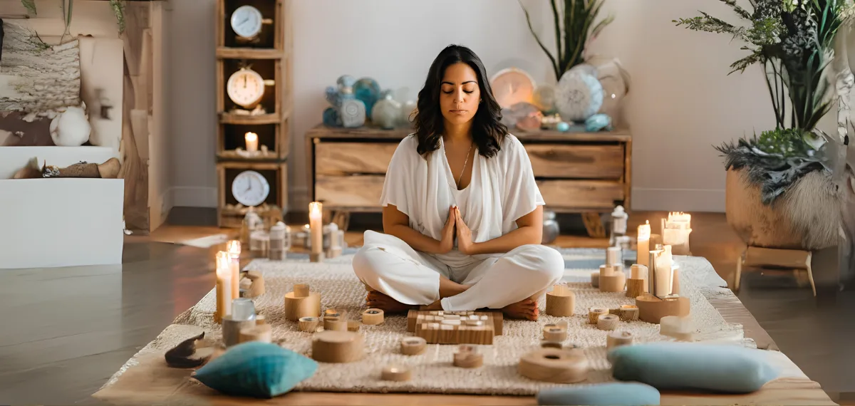 Sacred space with candles, crystals, and natural elements